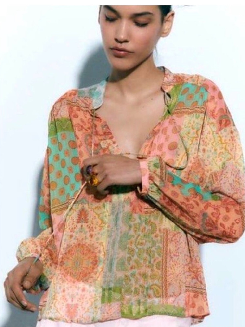 ZARA Sheer Patchwork Women’s Multicolor Shimmer Boho Blouse Sz L - Picture 9 of 11